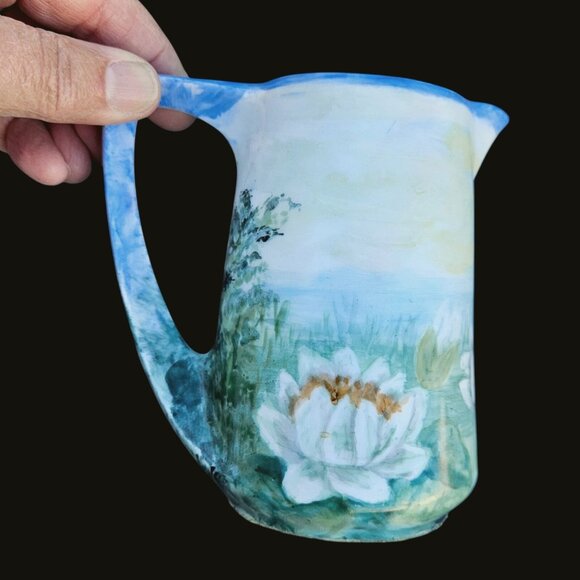 Antique Hand Painted Rosenthal Water Lily Porcelain Creamer Pitcher Art Nouveau - Picture 6 of 10